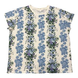 Clare V Blue Cream Floral Stripe Cotton Classic T-Shirt, Large